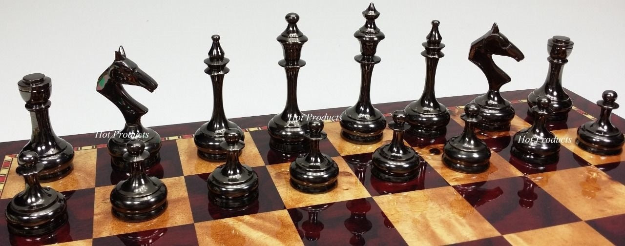 Brass Metal Gold & Black Chrome Modern Slim Staunton Chess Men Set - NO Board