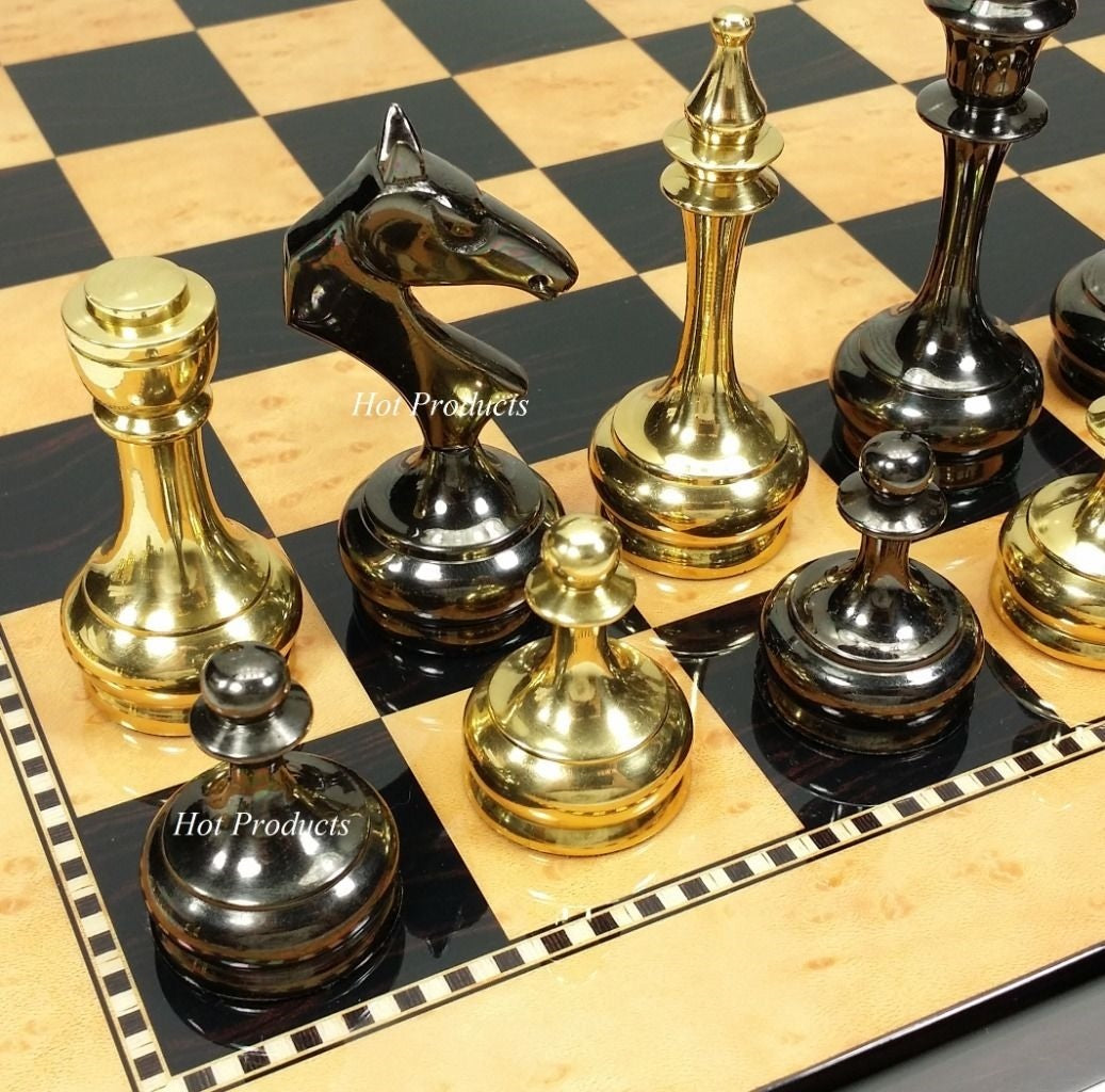 Brass Metal Gold & Black Modern Slim STAUNTON Chess Set 15