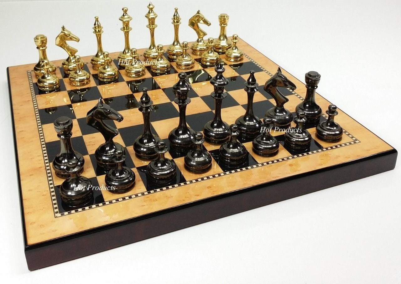 Brass Metal Gold & Black Modern Slim STAUNTON Chess Set 15" Walnut Color Board