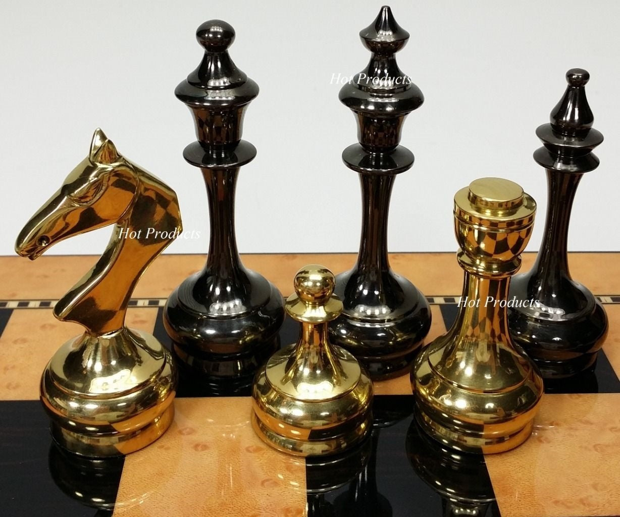 Brass Metal Gold & Black Modern Slim STAUNTON Chess Set 15" Walnut Color Board