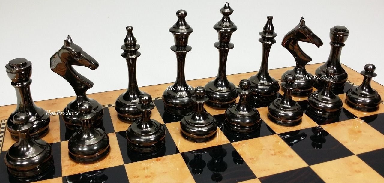 Brass Metal Gold & Black Modern Slim STAUNTON Chess Set 15" Walnut Color Board