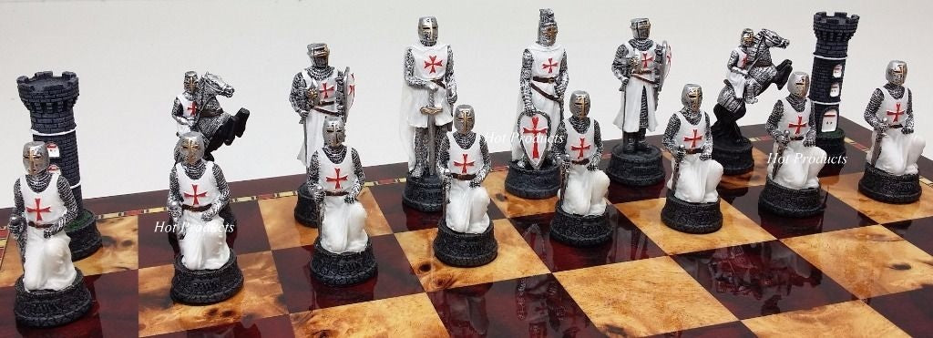 Medieval Times Crusade Blue White Maltese Knight Chess Set 18 Cherry Color Board
