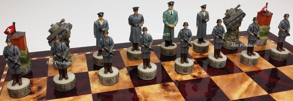 WW2 US vs GERMANY CHESS SET W/ 17" CHERRY COLOR GLOSS Storage Board World War 2