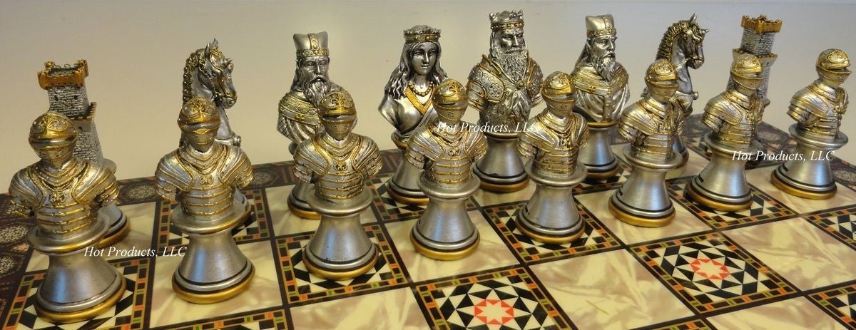 Medieval Times KNIGHTS Crusades Busts Chess Set W/ 14" Mosaic Color Board