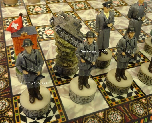 WORLD WAR 2 US vs GERMANY CHESS SET w/ Mosaic DESIGN Board 14" WW2