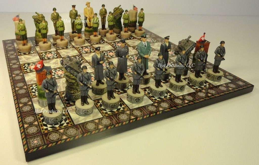 WORLD WAR 2 US vs GERMANY CHESS SET w/ Mosaic DESIGN Board 14" WW2