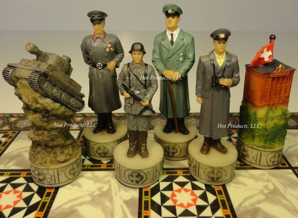 WORLD WAR 2 US vs GERMANY CHESS SET w/ Mosaic DESIGN Board 14" WW2