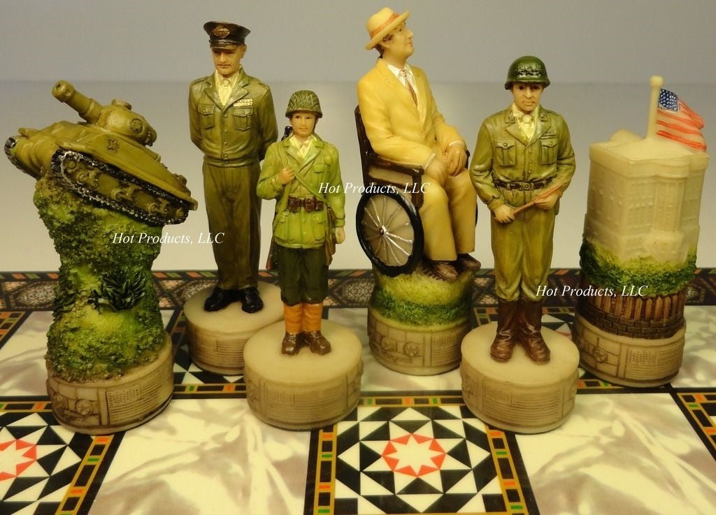 WORLD WAR 2 US vs GERMANY CHESS SET w/ Mosaic DESIGN Board 14" WW2