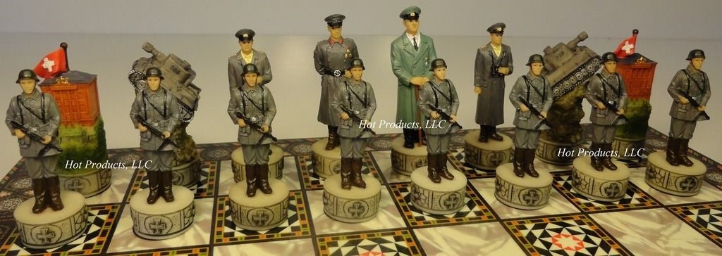 WORLD WAR 2 US vs GERMANY CHESS SET w/ Mosaic DESIGN Board 14" WW2