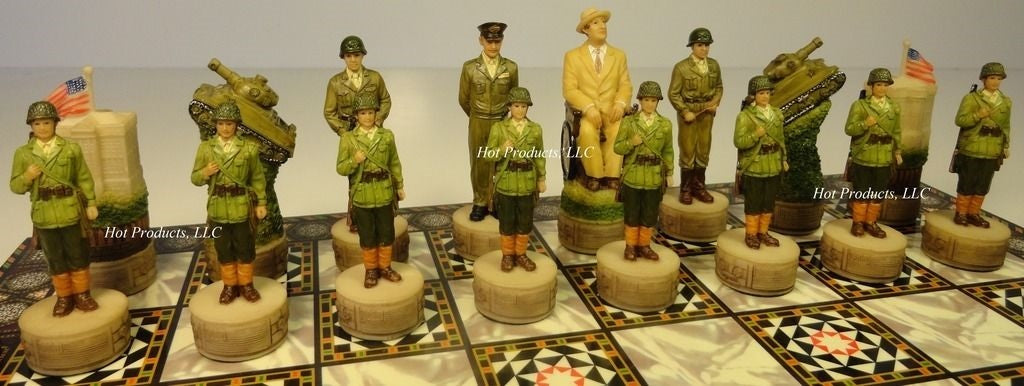 WORLD WAR 2 US vs GERMANY CHESS SET w/ Mosaic DESIGN Board 14" WW2