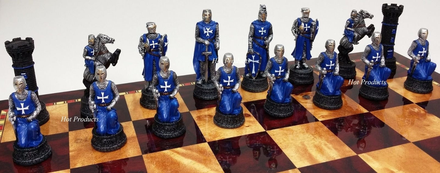 Medieval Times Crusade Red Blue Maltese Chess Set 17" Cherry Color Storage Board