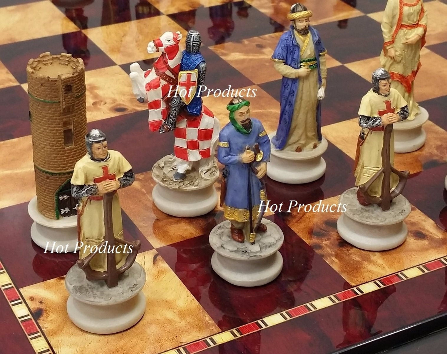 Medieval Times Crusade Arabian vs Christian Chess Set W/ 18" Cherry Color Board