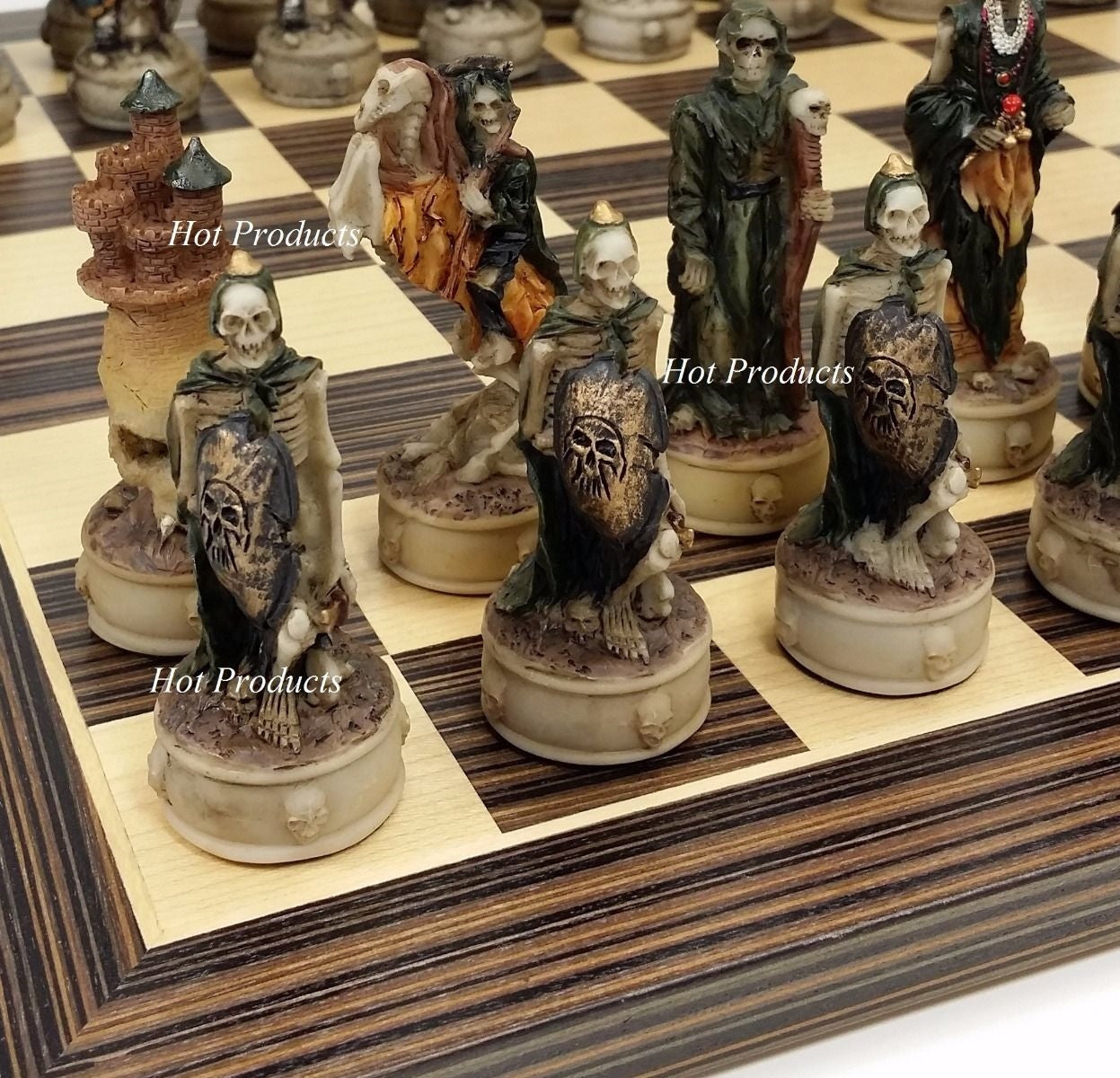 Skeleton Slayer Gothic Skull Chess Set W/ 14" Ebony & Maple Wood Board