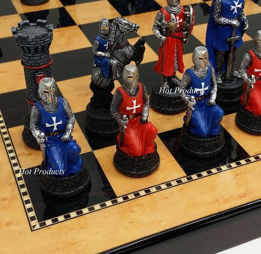 Medieval Times Crusade Red Blue Maltese Knight Chess Set 15" Walnut Color Board
