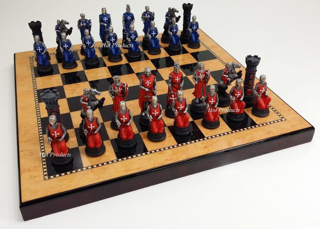 Medieval Times Crusade Red Blue Maltese Knight Chess Set 15" Walnut Color Board