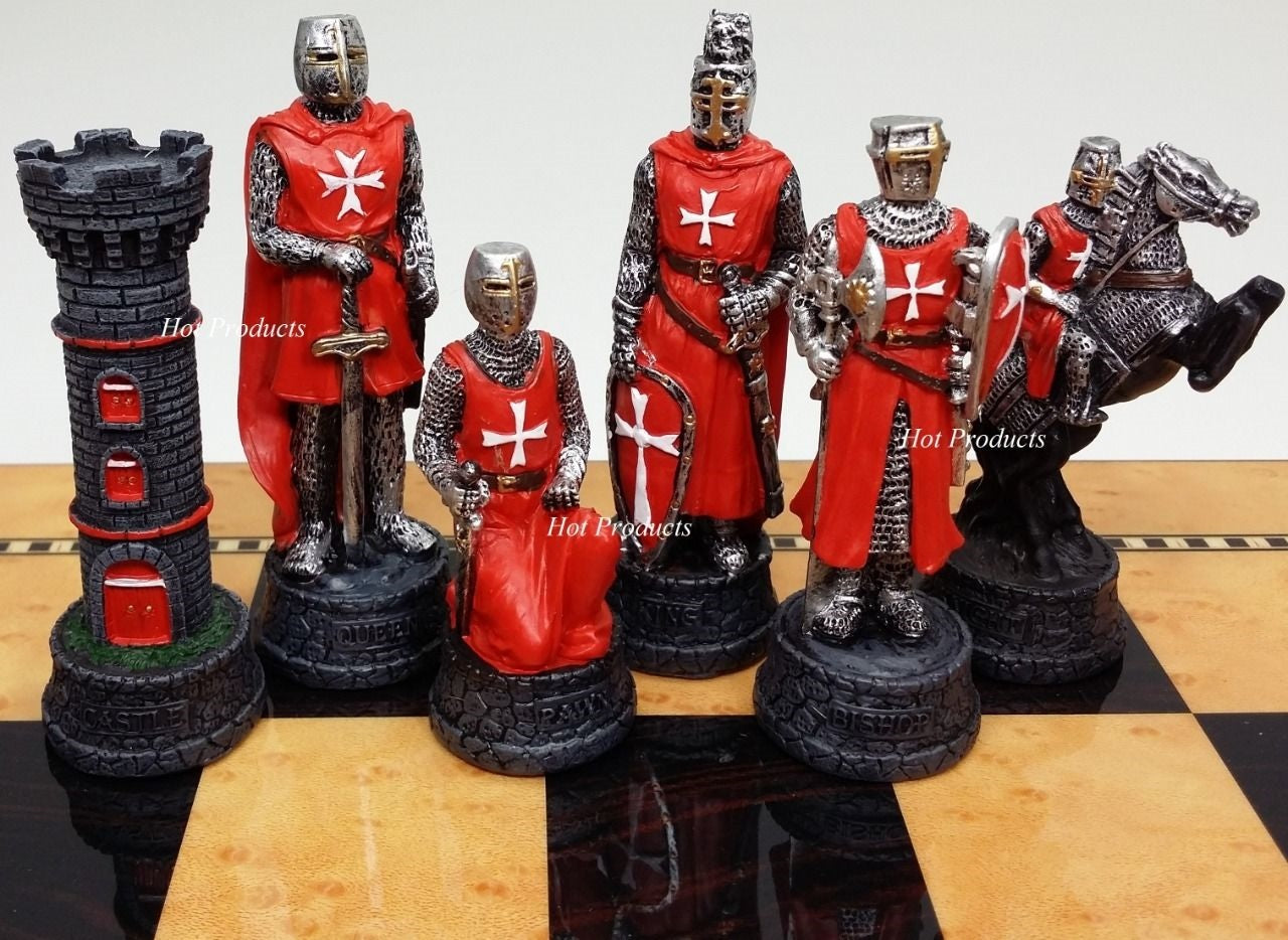 Medieval Times Crusade Red Blue Maltese Knight Chess Set 15" Walnut Color Board