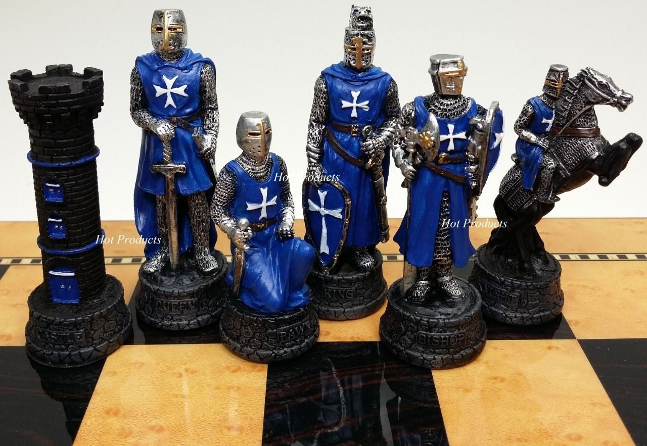 Medieval Times Crusade Red Blue Maltese Knight Chess Set 15" Walnut Color Board