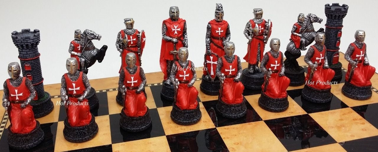 Medieval Times Crusade Red Blue Maltese Knight Chess Set 15" Walnut Color Board