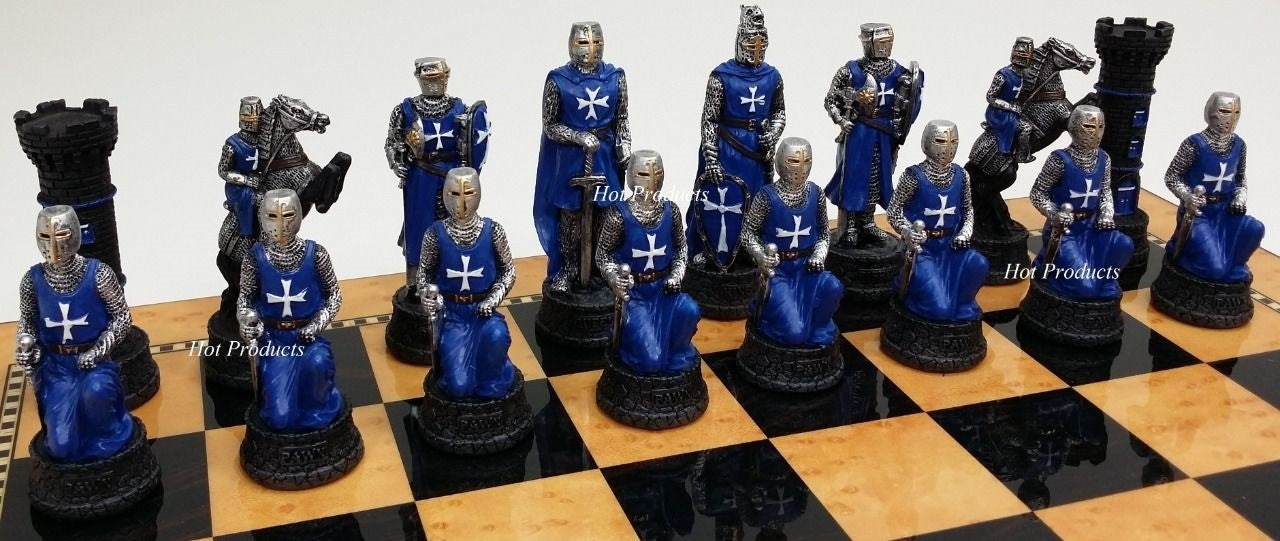 Medieval Times Crusade Red Blue Maltese Knight Chess Set 15" Walnut Color Board