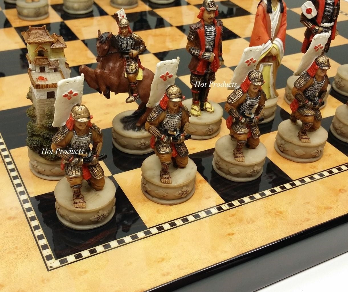 Japanese Samurai Warrior Chess Set W 15" High Gloss Walnut and Maple Color Board