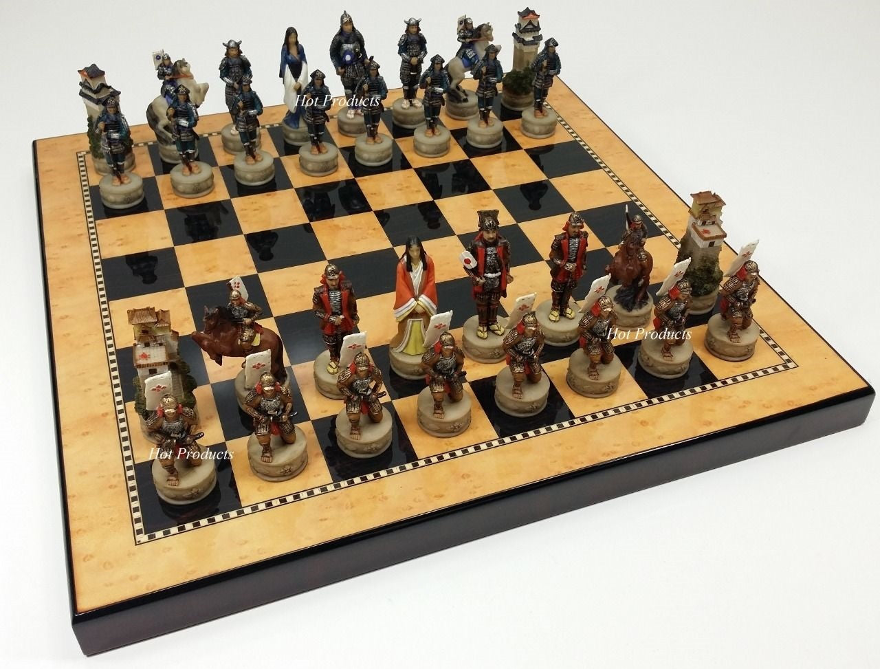 Japanese Samurai Warrior Chess Set W 15" High Gloss Walnut and Maple Color Board