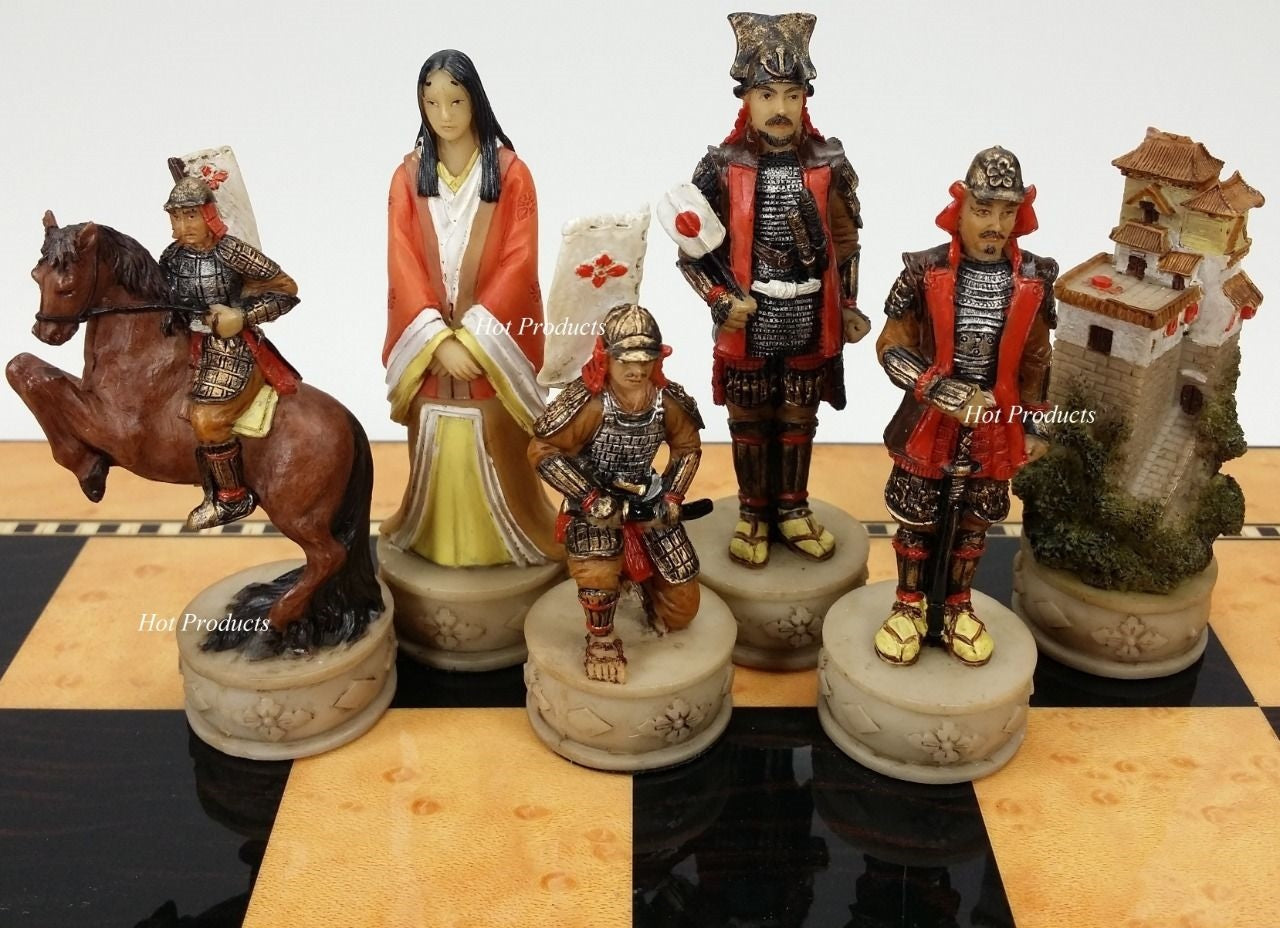 Japanese Samurai Warrior Chess Set W 15" High Gloss Walnut and Maple Color Board