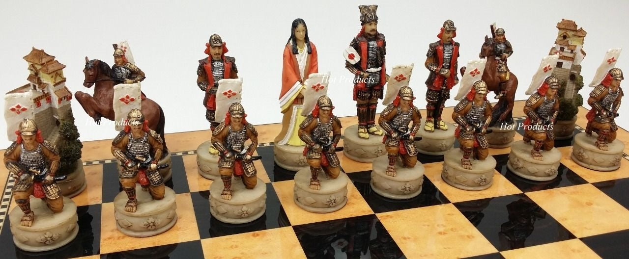 Japanese Samurai Warrior Chess Set W 15" High Gloss Walnut and Maple Color Board