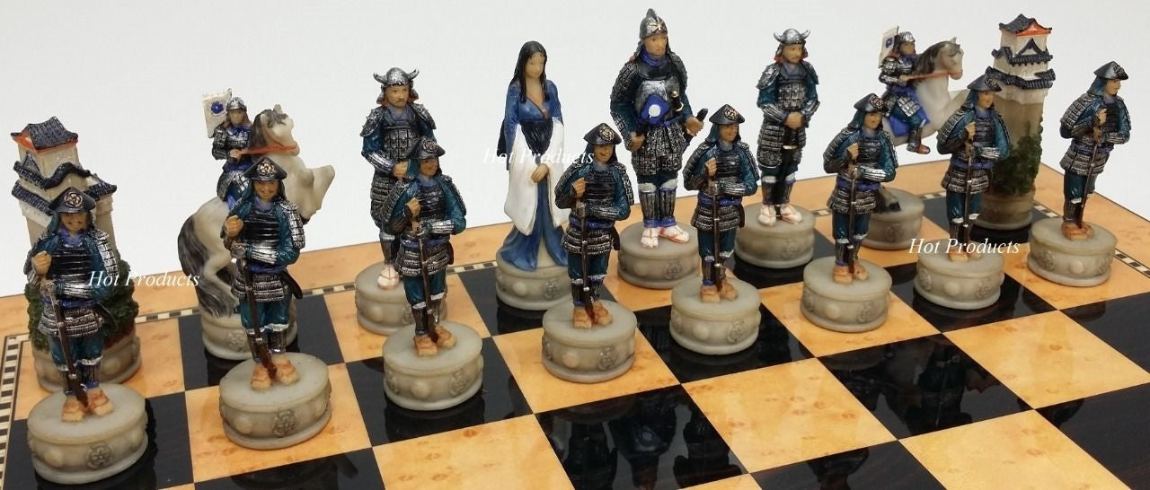 Japanese Samurai Warrior Chess Set W 15" High Gloss Walnut and Maple Color Board