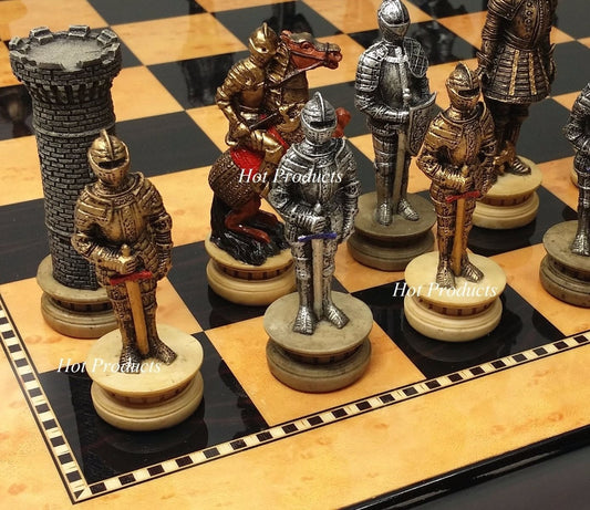 Medieval Times Crusades Warrior Knight Chess Set 15" Walnut & Maple Color Board