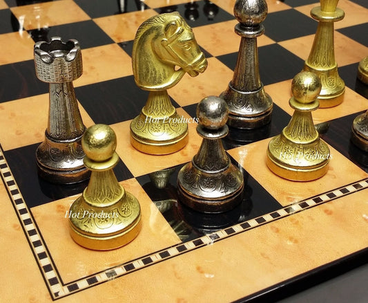 Brass CLASSIC Metal Gold Silver Color Staunton Chess Set 15" Walnut Color Board