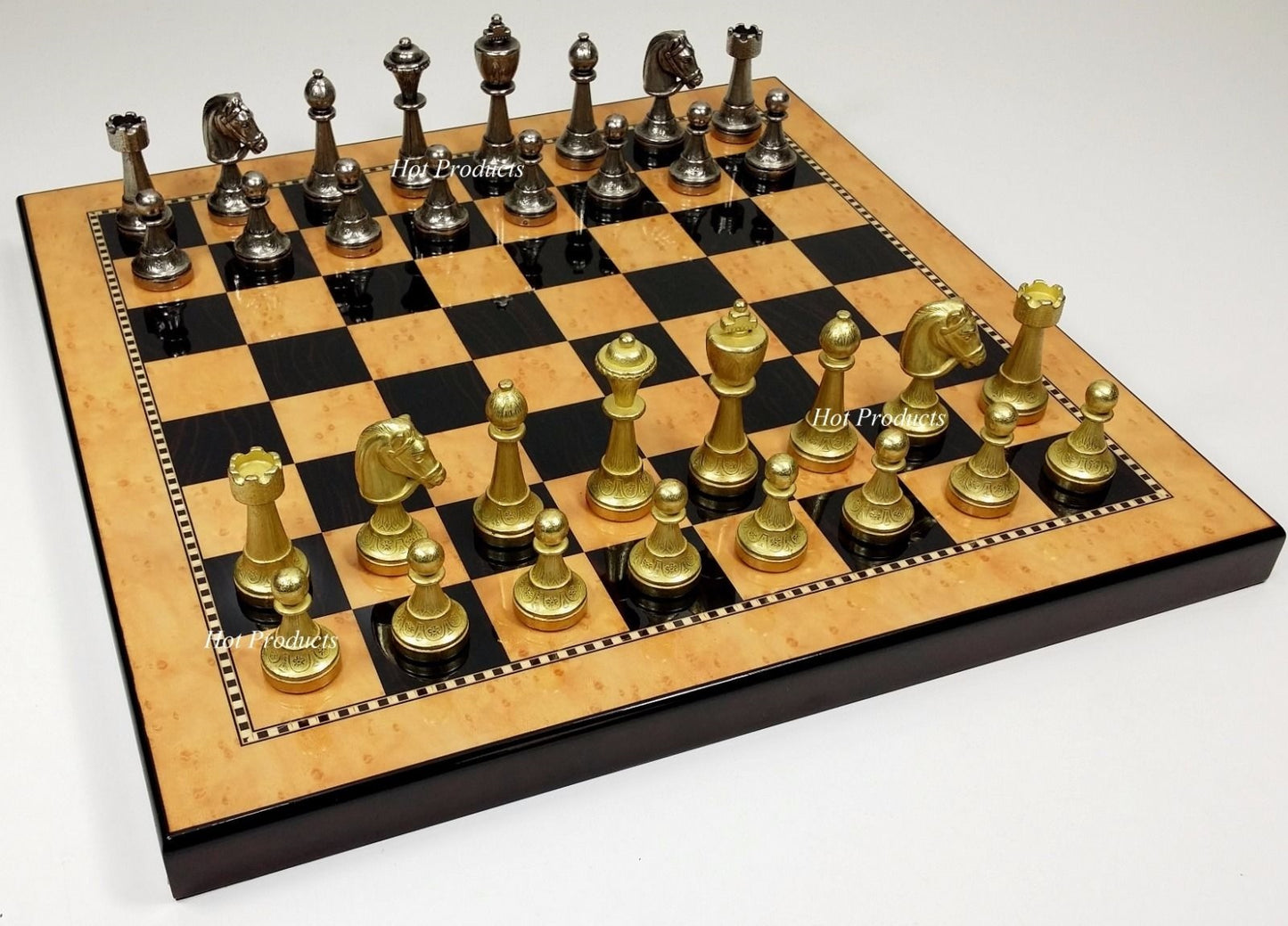 Brass CLASSIC Metal Gold Silver Color Staunton Chess Set 15" Walnut Color Board