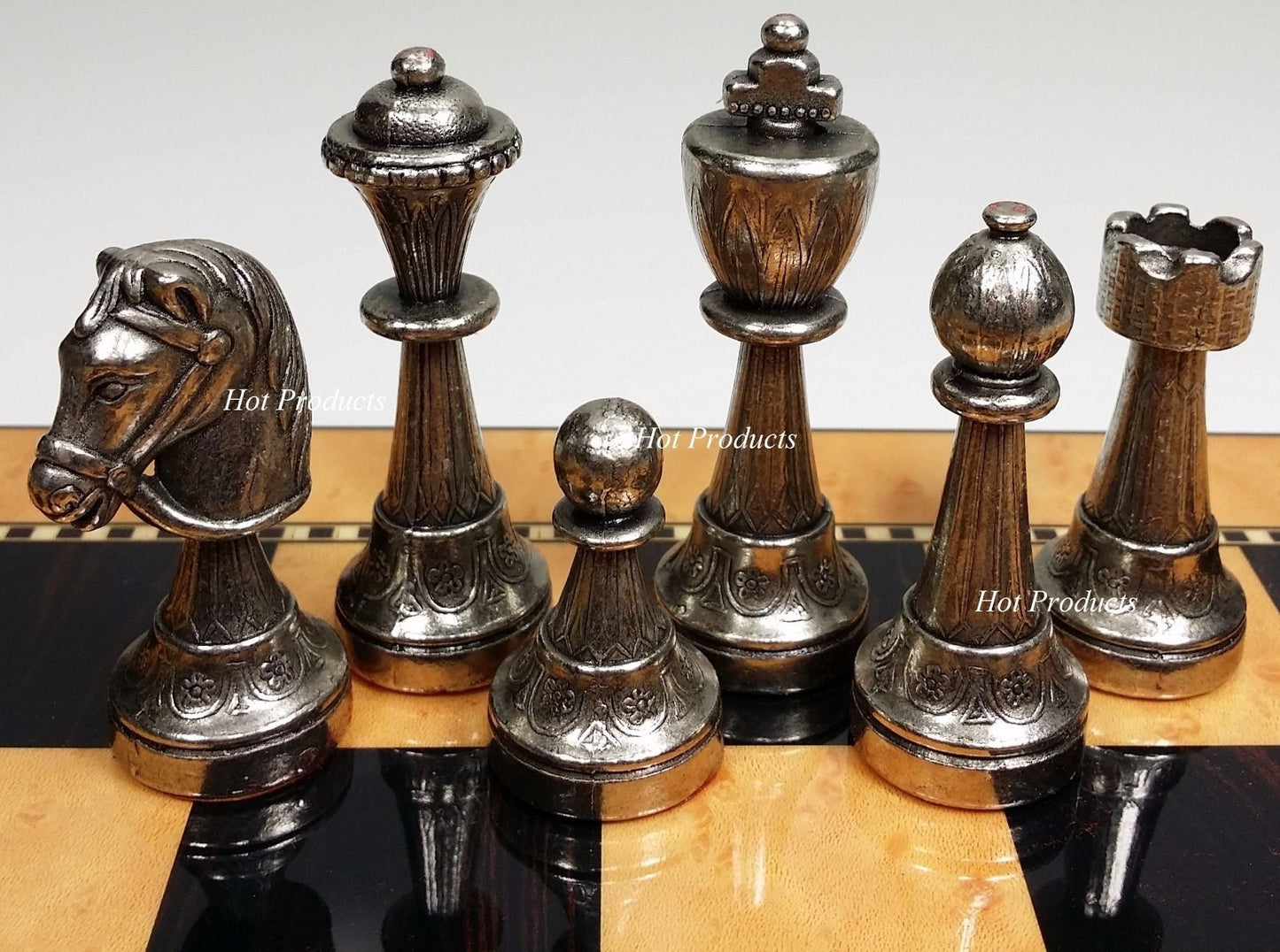 Brass CLASSIC Metal Gold Silver Color Staunton Chess Set 15" Walnut Color Board