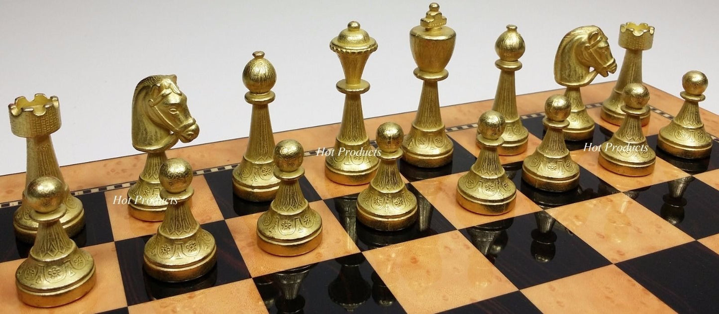 Brass CLASSIC Metal Gold Silver Color Staunton Chess Set 15" Walnut Color Board