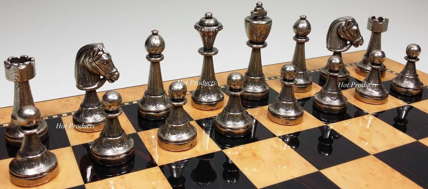 Brass CLASSIC Metal Gold Silver Color Staunton Chess Set 15" Walnut Color Board