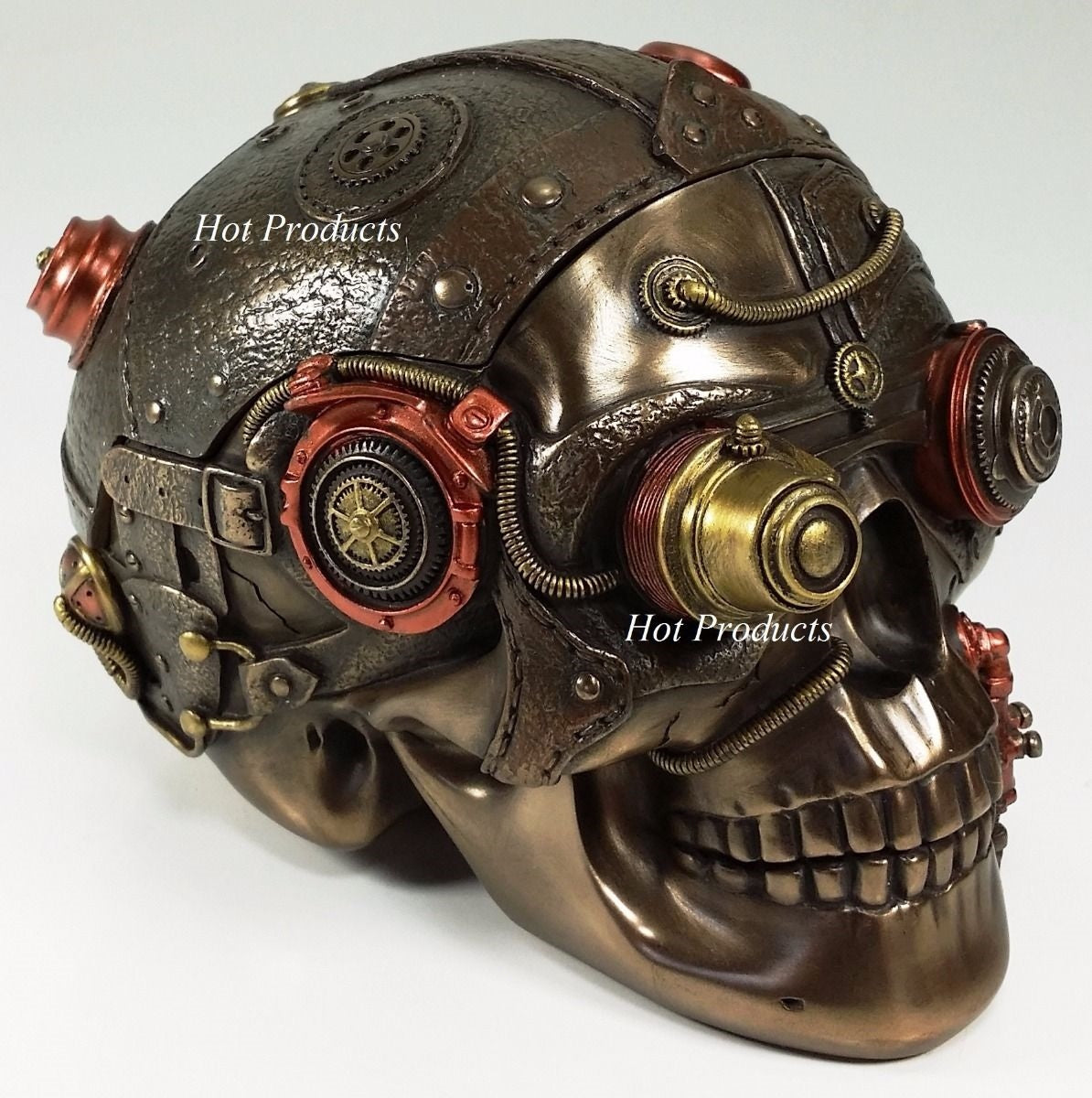 TRINKET BOX STEAMPUNK Human Skull Statue Bronze Color & Leather Texture Decor