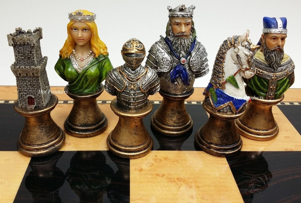Medieval Times Crusades Busts PAINTED Chess Set Walnut Maple Color Storage Board