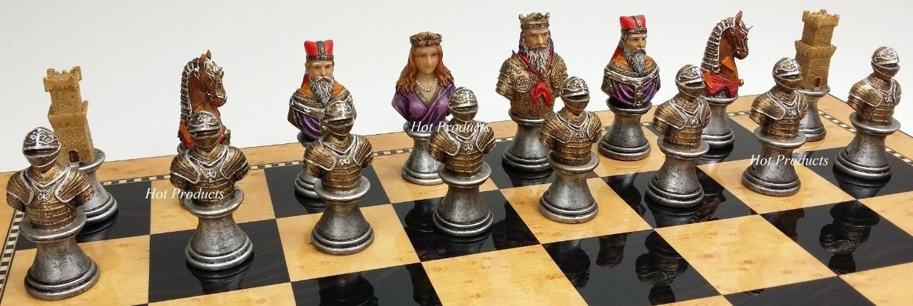 Medieval Times Crusades Busts PAINTED Chess Set Walnut Maple Color Storage Board