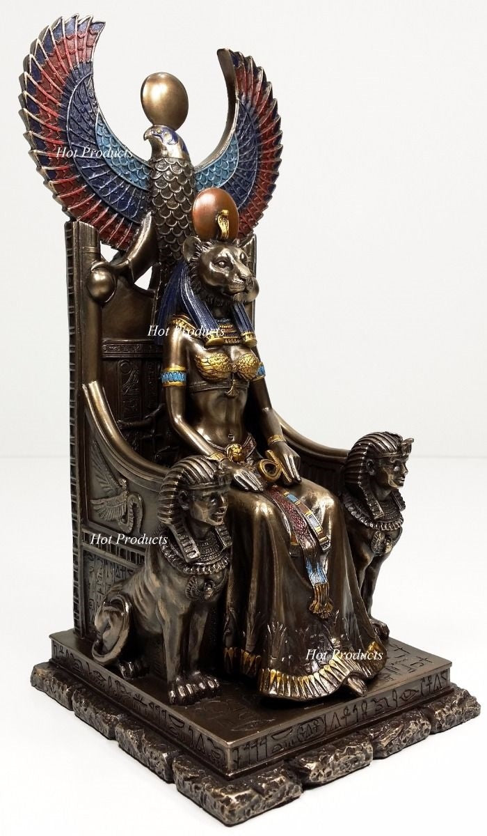 Egyptian Goddess Sekhmet Sitting on Throne Statue Sculpture Antique Bronze Color