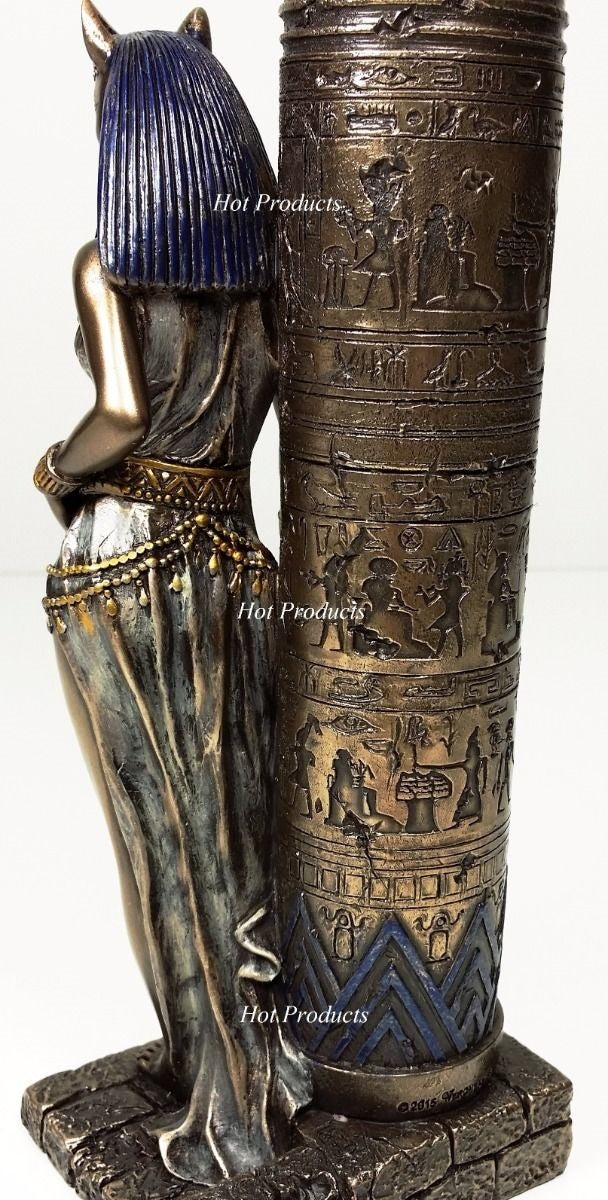 Egyptian Cat Goddess Bastet Candle Holder Statue Sculpture Antique Bronze Finish