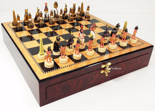 Egyptian Anubis Gold & Buff Chess Set  W/ 17" Walnut Color Storage Board