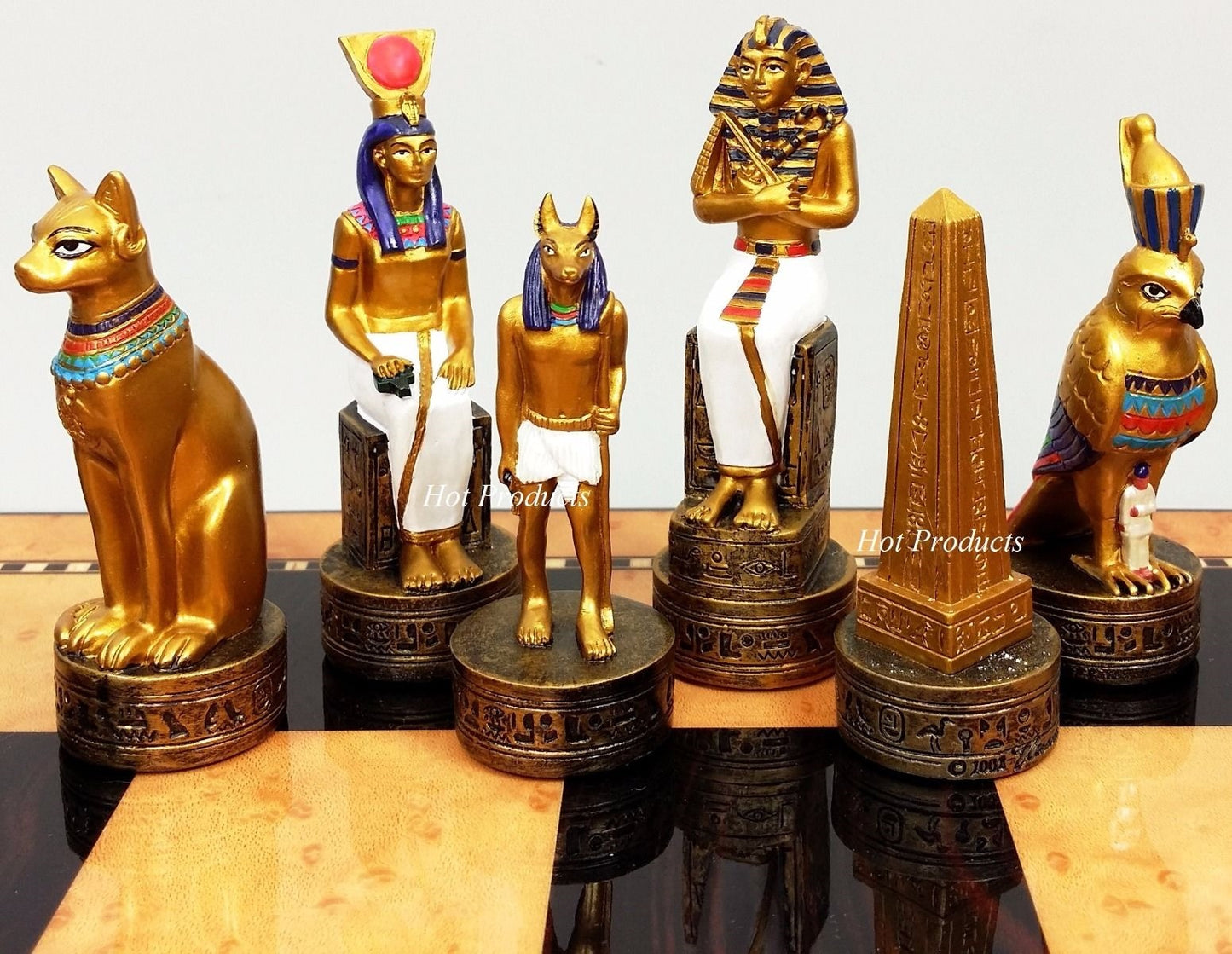 Egyptian Anubis Gold & Buff Chess Set  W/ 17" Walnut Color Storage Board