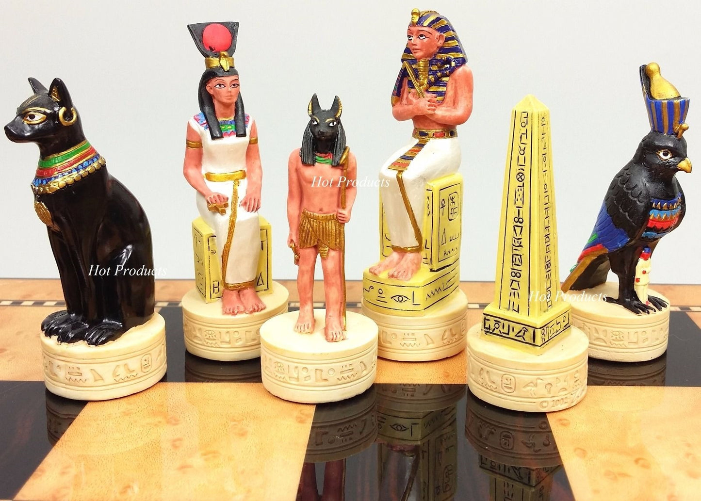 Egyptian Anubis Gold & Buff Chess Set  W/ 17" Walnut Color Storage Board