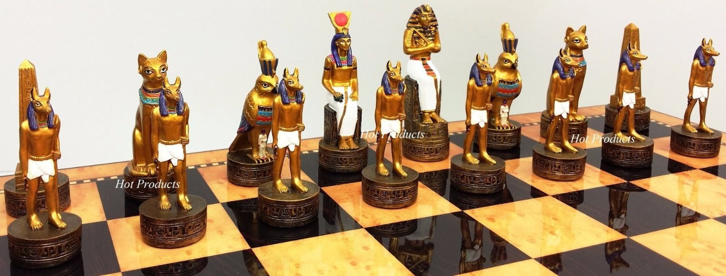 Egyptian Anubis Gold & Buff Chess Set  W/ 17" Walnut Color Storage Board