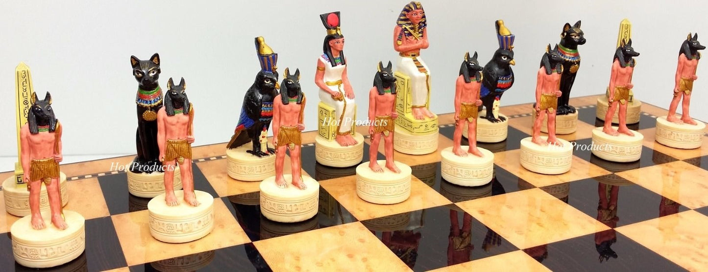 Egyptian Anubis Gold & Buff Chess Set  W/ 17" Walnut Color Storage Board