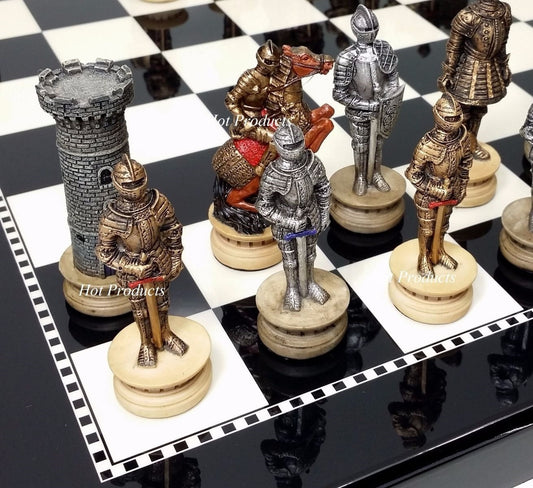 Medieval Times Crusades Armored Warrior Knight Chess Set 15" Black & White Board