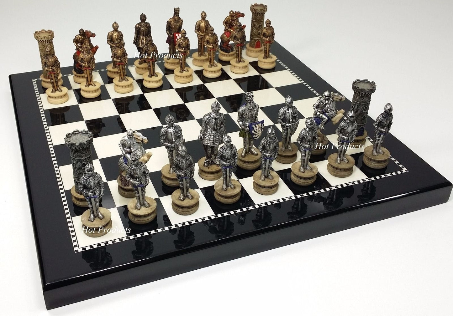 Medieval Times Crusades Armored Warrior Knight Chess Set 15" Black & White Board