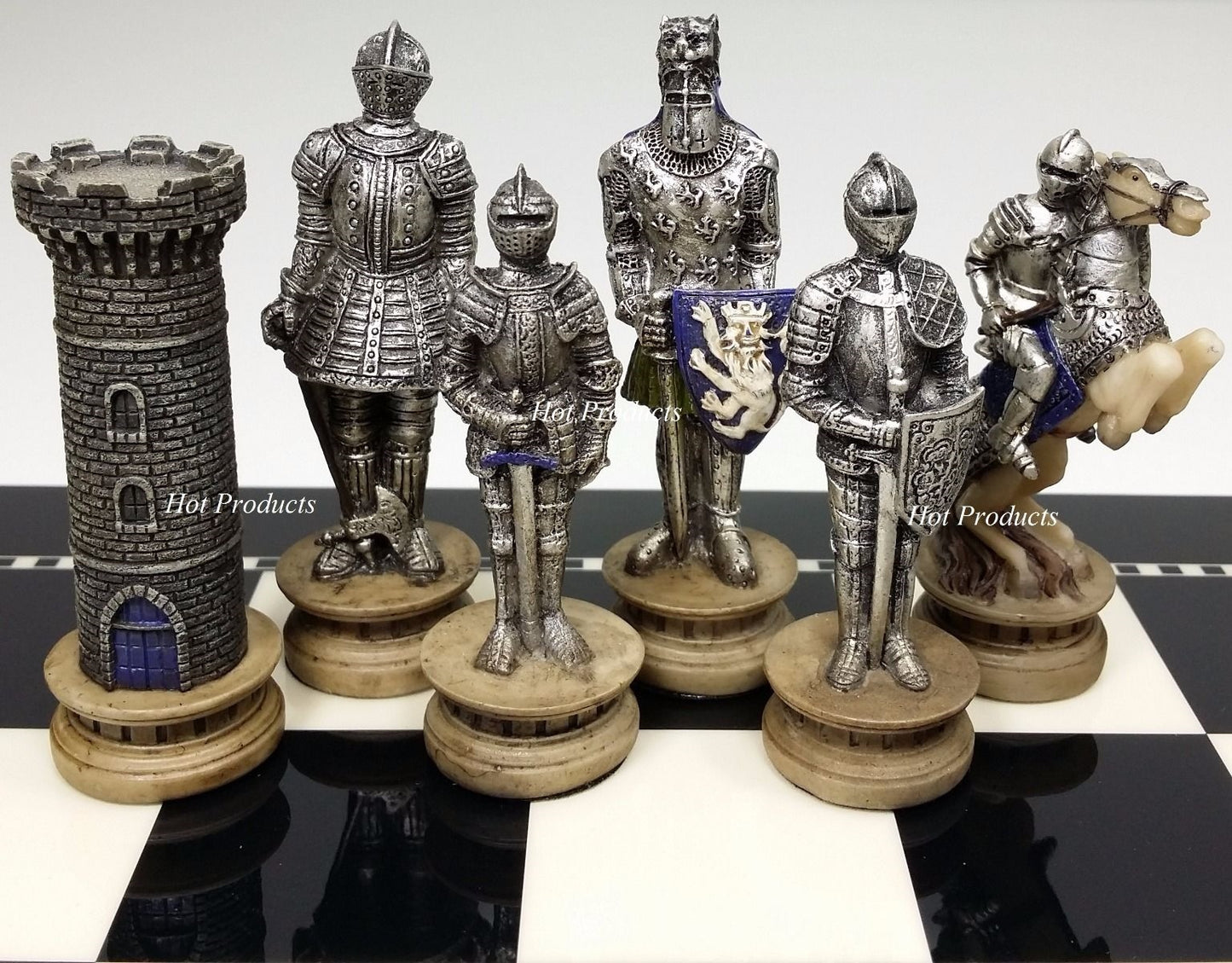 Medieval Times Crusades Armored Warrior Knight Chess Set 15" Black & White Board