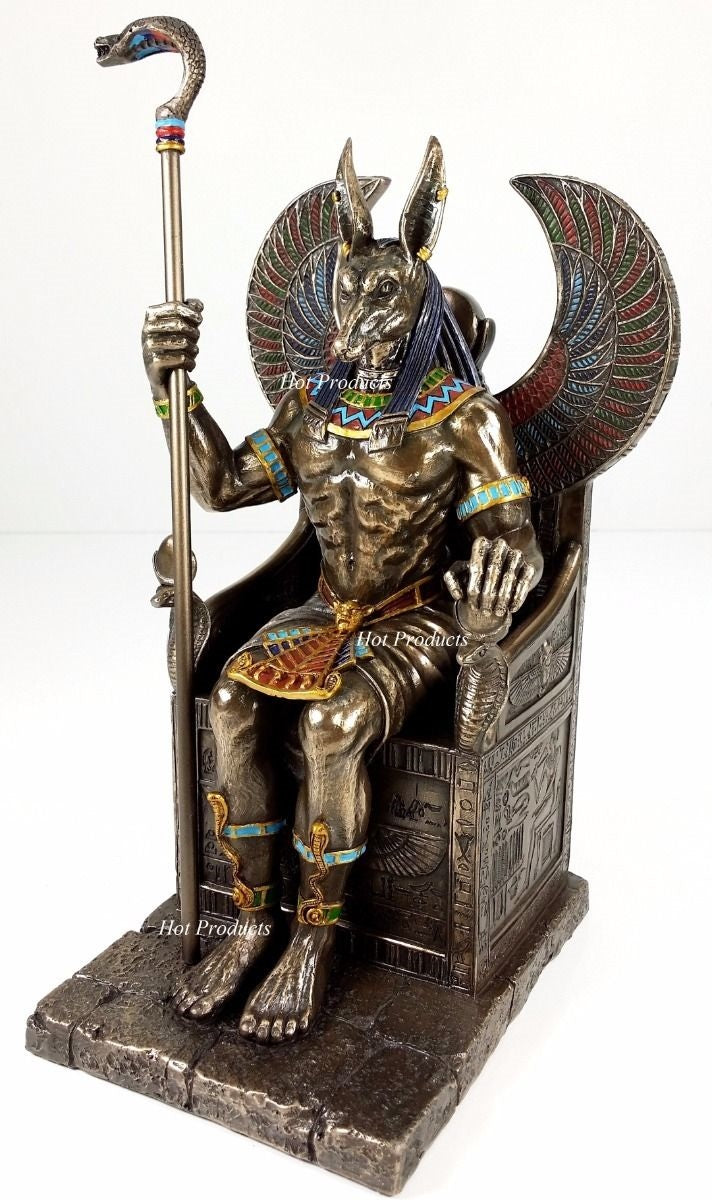 Egyptian Anubis Jackal W/ Cobra Scepter on Throne Statue Antique Bronze Finish