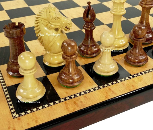 4 QUEENS 4" King Staunton Wood BRIDLED Knight Chess Set Gloss Walnut Maple Board