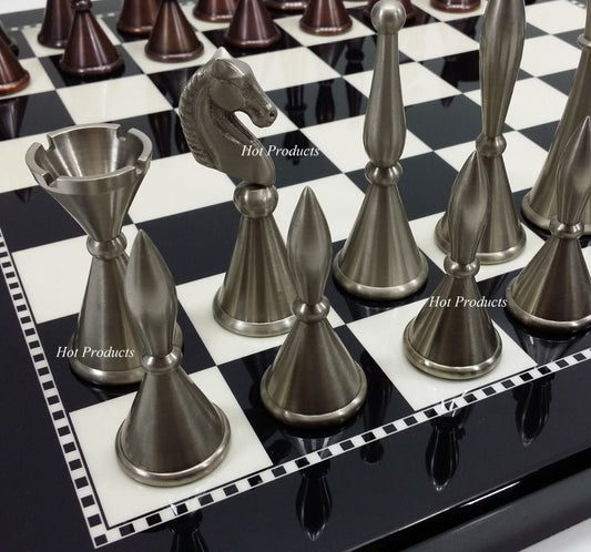 Brass Metal Modern Art Deco Staunton Chess Set W/ 15" Black & White Gloss Board